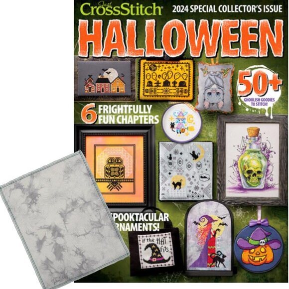 Halloween Cross Stitch Magazine & Hand-Dyed Fabric Bundle - 14ct Gray Aida, 7x9 - Picture 1 of 8